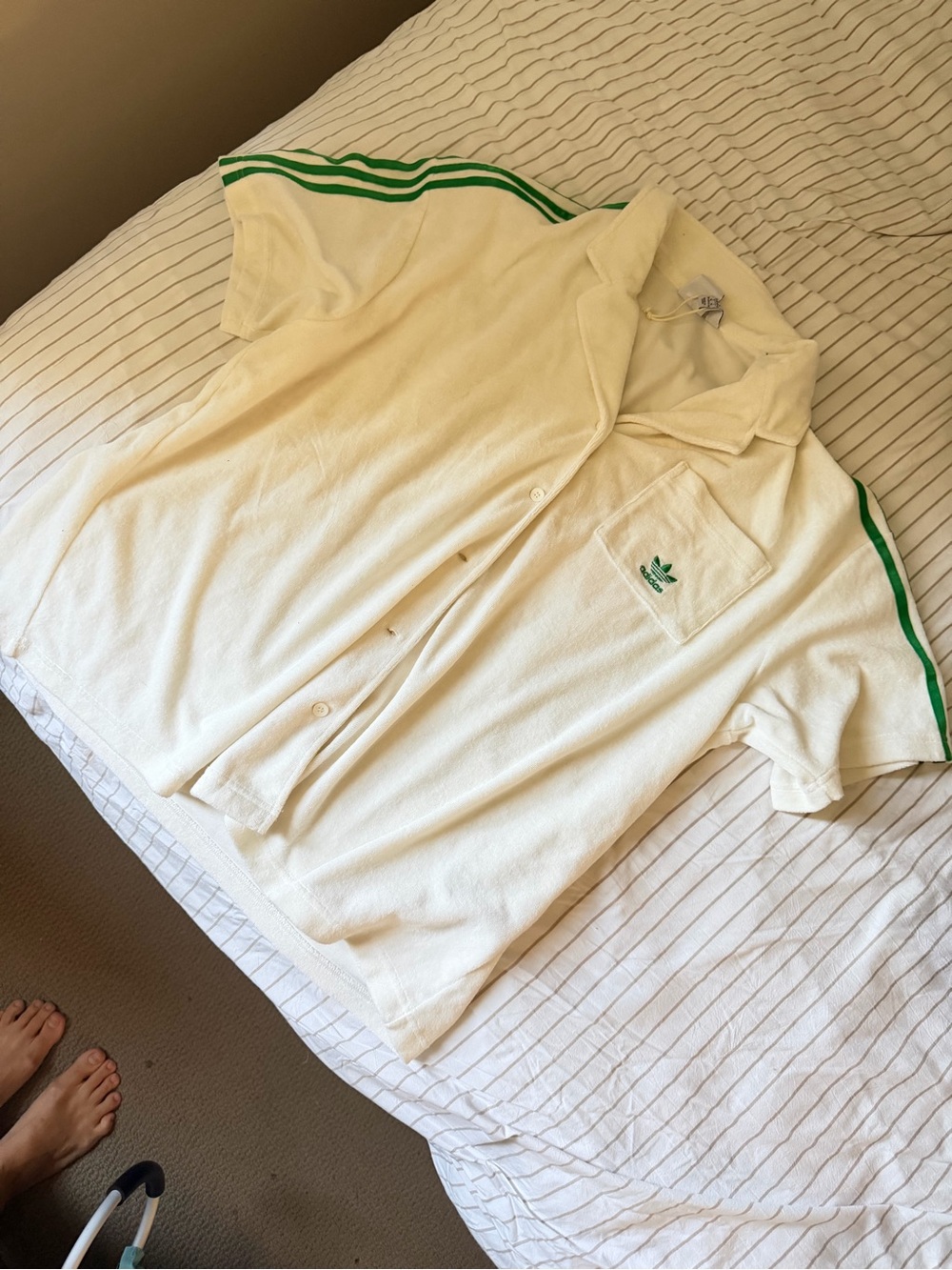 Adidas Women White Polo Shirt with Green Stripes M used once